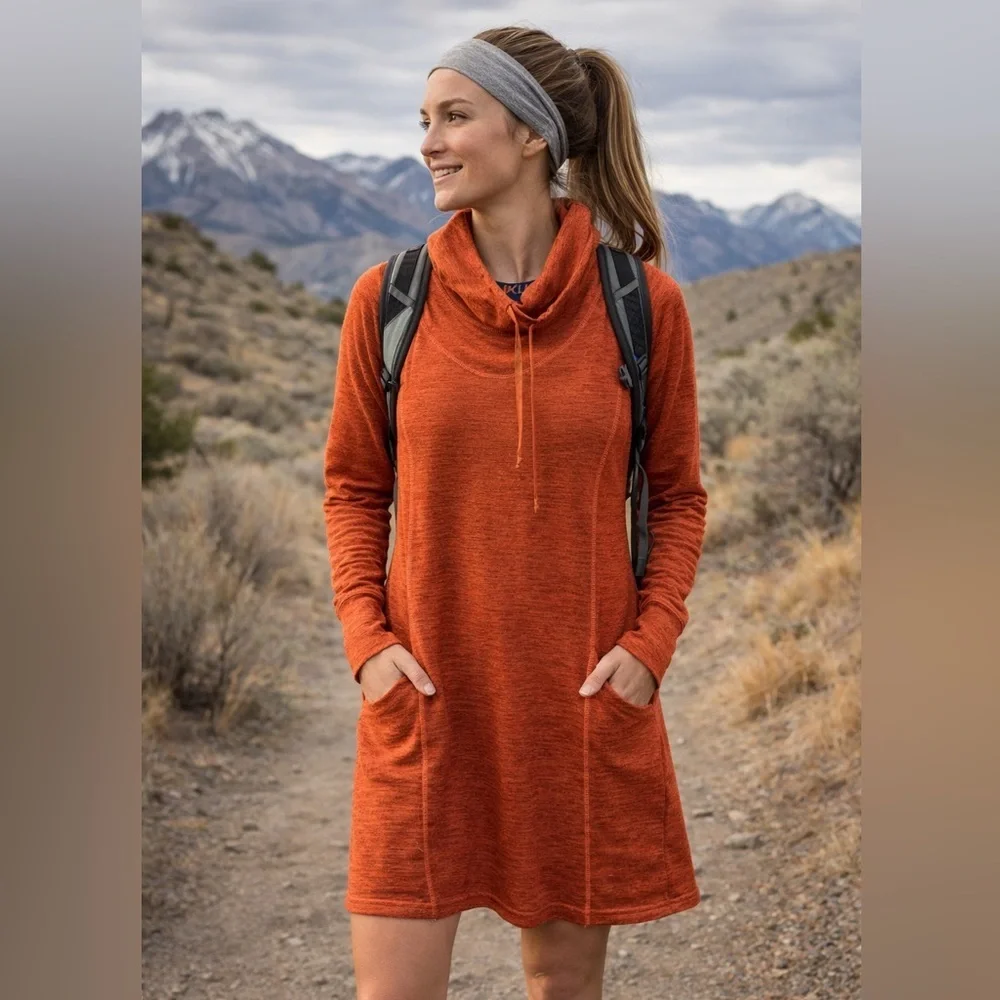 Kuhl LÉA Dress Cowl Neck Drawcord Thumb Holes Pocket Rust Brown Size S